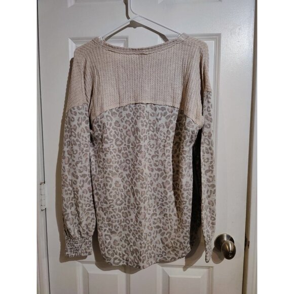 Knox Rose Mixed Media French Terry Leopard High Low Long Cinched Sleeve Top M Nw - Picture 7 of 9